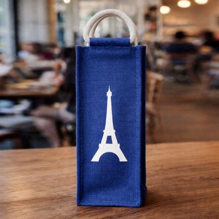 Blue Eco Friendly Jute Single Bottle Bag Handmade